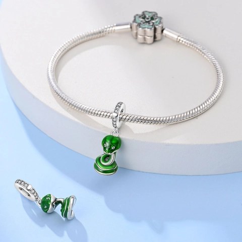 Verzilverd Koperen Slang Hanger Voor Dames Groen Emaille Zirconia Retro Slang Kralen Voor Armband Ketting Sieraden Cadeau
