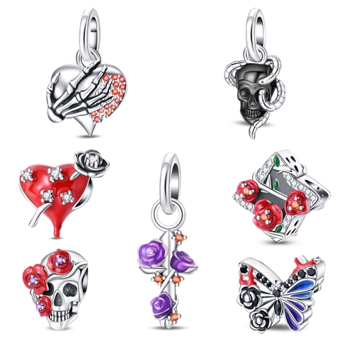 Breloques Gothiques Halloween Crâne Rose Perles Argenté Émail Cœur Croix Serpent Papillon Accessoire Bijoux DIY Pour Bracelet