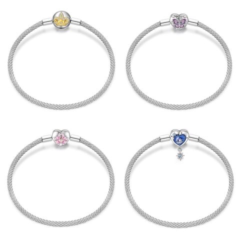 Silver Plated Copper Mesh Chain Bracelet Original Design Butterfly Crown Heart Clasp Rhinestone Enamel Bracelet For Women Fashion Jewelry