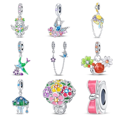 Verzilverde Emaille Bloem Dier DIY Charm Kraal Voor Armband Maken Strass Engel Zwaluw Slak Paraplu Strik Sieraden