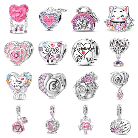 Versilberte Kupfer Herz Rose Charm Perlen Für DIY Armband Rosa Emaille Strass BFF Schwester Freundin Schmuckzubehör