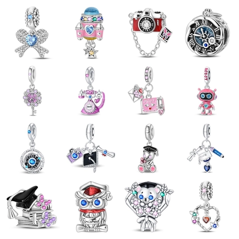Silver Plated Enamel Graduation Owl Camera Rocket Robot Charms With Rhinestone For DIY Bracelet Making Women Jewelry Gift