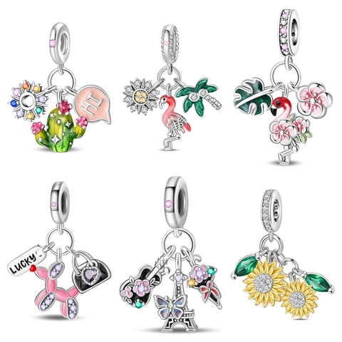 Silver Plated Alloy Enamel Flamingo Sunflower Charms For DIY Bracelet Necklace Colorful Rhinestone Drip Oil Pendant Jewelry Accessories
