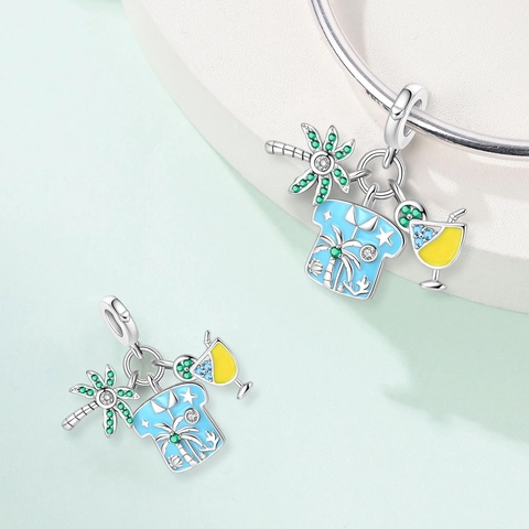Silver Plated Summer Travel Dangle Charms For Jewelry Making DIY Bracelet Ocean Theme Enamel Rhinestone Pendants For Women