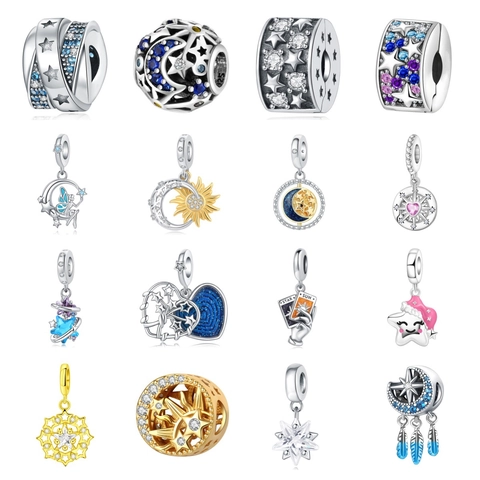 Abalorios de Sol Luna y Estrella de Aleación Plateada con Zirconia Colgantes DIY para Pulsera Collar Joyería de Mujer