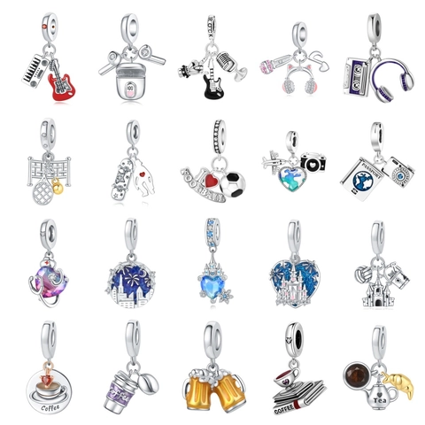 DIY Charm Beads For Bracelet Silver Plated Coffee Music Travel Sports Theme Enamel Rhinestone Pendant Charms Jewelry Accessories