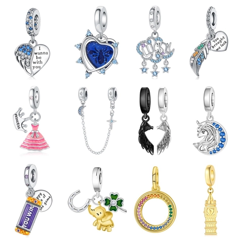 Silver Plated Copper Charm Pendant Elephant Clover Horseshoe Rainbow Princess Dress DIY Jewelry Accessories For Bracelet