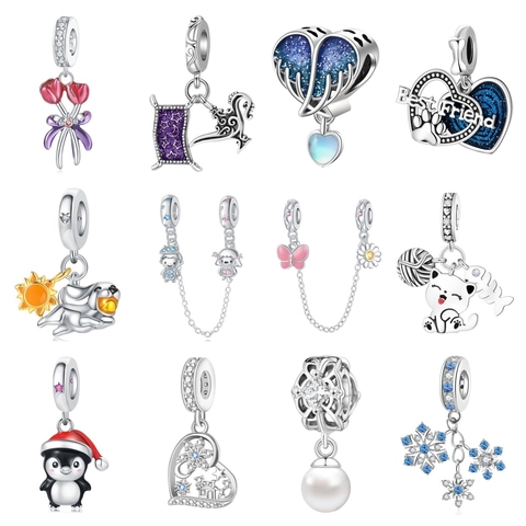 Amuletos de Esmalte Plateados DIY para Pulseras Gato Espina de Pescado Copo de Nieve Corazón Colgantes Diamante de Imitación Perla Artificial Accesorios Joyería
