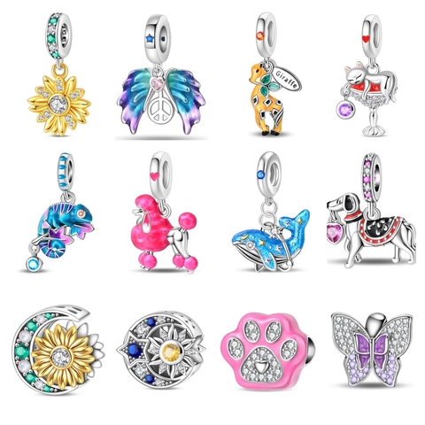 Silver Plated Copper Animal Charm Pendant For DIY Bracelet Sunflower Cat Dog Poodle Giraffe Whale Zircon Jewelry Accessory