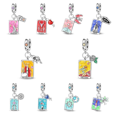 Vintage Silver Plated Tarot Card Charms Enamel Rhinestone Mysterious Occult Fool Magician Death Hermit Beads For DIY Jewelry
