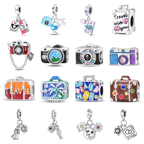 Abalorios de Cámara y Maleta con Tema de Viaje Plateados Colgante de Esmalte con Strass para Pulsera Collar Joyería de Mujer DIY