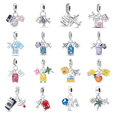 Travel Theme 925 Sterling Silver Enamel Airplane Suitcase Camera Passport Charms For DIY Bracelets Jewelry Pendants For Women