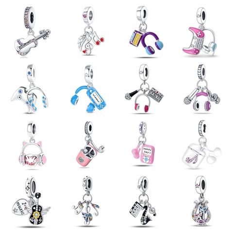 925 Sterling Silver Music Charms Guitar Headphones Note Pendant Zirconia Bead For DIY Bracelet Necklace Women Fashion Jewelry