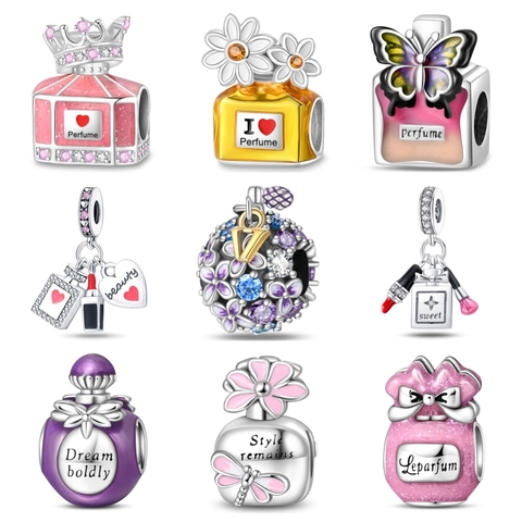 Silver Plated Perfume Bottle Charms Pendants With Enamel Rhinestone Butterfly Flower For DIY Bracelet Jewelry Making Women