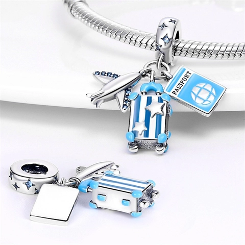 Travel Theme 925 Sterling Silver Enamel Airplane Suitcase Camera Passport Charms For DIY Bracelets Jewelry Pendants For Women