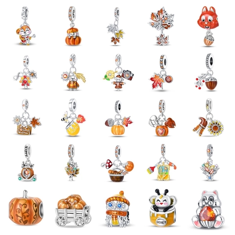 925 Sterling Silver Autumn Charms Enamel Maple Leaf Pumpkin Squirrel Beads Rhinestone Pendant For DIY Bracelet Jewelry Jewelry Women