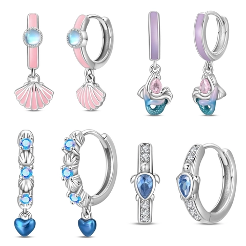 Marine Series Silver Plated Hoop Earrings Blue Sea Turtle Pink Shell Mermaid Tail Heart Pendant Enamel Rhinestone Earrings For Women