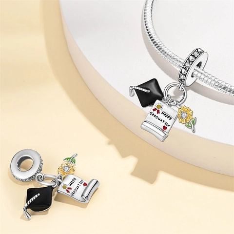 Silver Plated Graduation Series Charms Bear Sunflower Academic Cap Pendant Rhinestone Drip Oil DIY Jewelry Beads For Women
