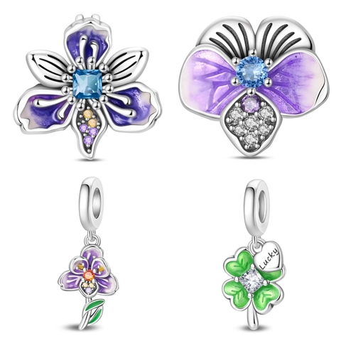 Enamel Pansy Iris Flower Four Leaf Clover Heart Charm Bead Silver Plated Alloy Rhinestone Dangle Pendant For DIY Bracelet Women Jewelry Gift