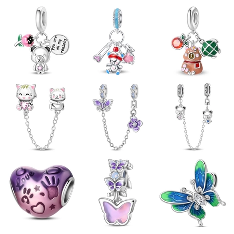 Versilberte Emaille Tier Schmetterling Bär Katze Charms Perlen Strass Sicherheitskette Anhänger Für DIY Schmuckherstellung Armband Zubehör
