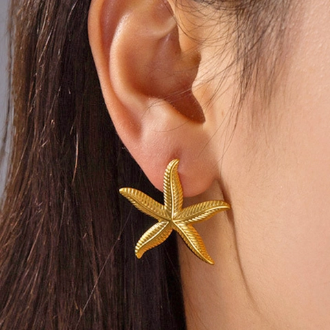 Orecchini a Bottone in Acciaio Inossidabile a Forma di Stella Marina Conchiglia per Donna Gioielli di Moda Stile Mare Oro Argento