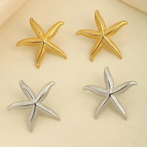Orecchini a Bottone in Acciaio Inossidabile a Forma di Stella Marina Conchiglia per Donna Gioielli di Moda Stile Mare Oro Argento