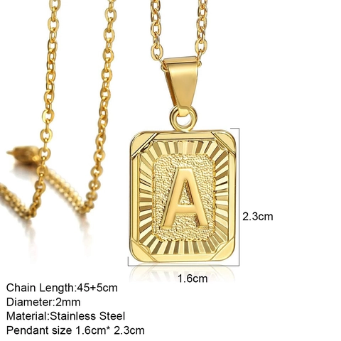 18K Gold Plated Stainless Steel Alphabet Letter Pendant Necklace Square Plaque Sunburst Texture Fashion Jewelry For Women