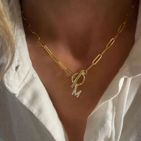 Collar de Inicial de Acero Inoxidable de Moda para Mujer Colgante de Alfabeto de Circonia Cadena de Clip Cierre de Palanca Joyería Regalo