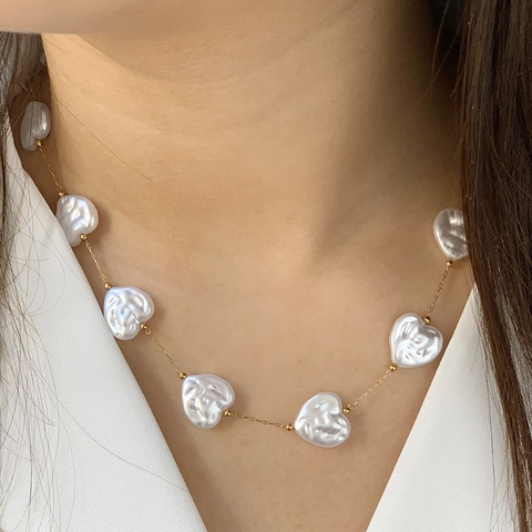 Collar de Acero Inoxidable con Perla de Agua Dulce Barroca para Mujer Colgante Geométrico Corazón Luna Concha Mariposa Joyería
