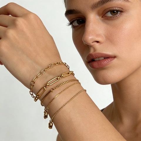 Minimalist Stainless Steel Gold Plated 18K Link Chain Bracelets For Women Fashion Paperclip Snake Bead O-Chain Hand Jewelry