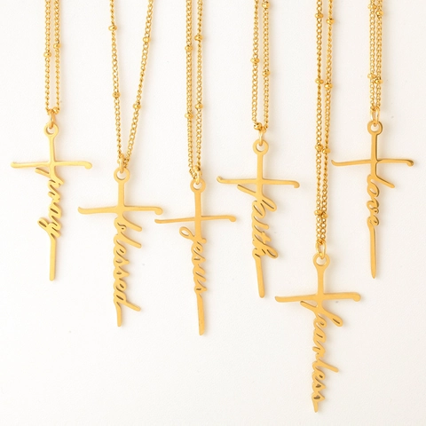 Collier Croix en Acier Inoxydable Plaqué Or Pendentif Lettres Anglaises Foi Religieuse Chaîne à Billes pour Femme Bijoux
