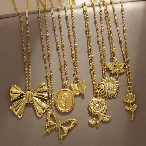 Collana con Ciondolo in Acciaio Inossidabile Oro Moda Per Donna Con Catena a Sfere Gioielli Minimalisti Eleganti