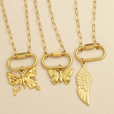 Stainless Steel Butterfly Bowknot Pendant Necklace Gold Plated Paperclip Chain Carabiner Clasp Women Fashion Jewelry