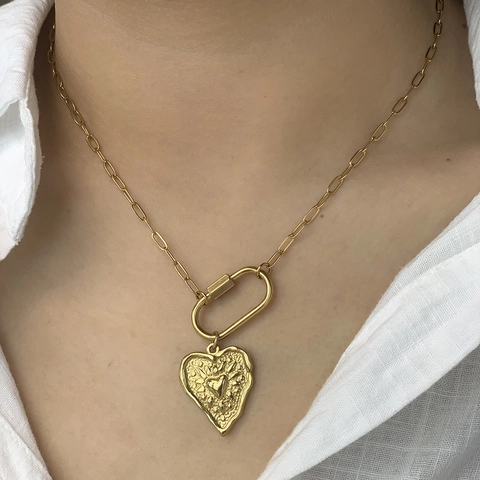 Stainless Steel Heart Pendant Necklace For Women 18K Gold Plated Paperclip Chain Carabiner Lock Fashion Jewelry Gift