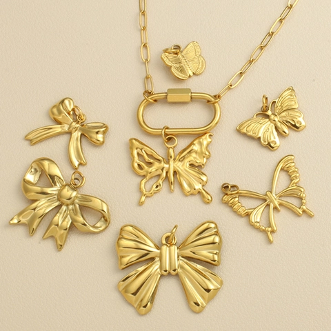 Stainless Steel Butterfly Bowknot Pendant Necklace Gold Plated Paperclip Chain Carabiner Clasp Women Fashion Jewelry
