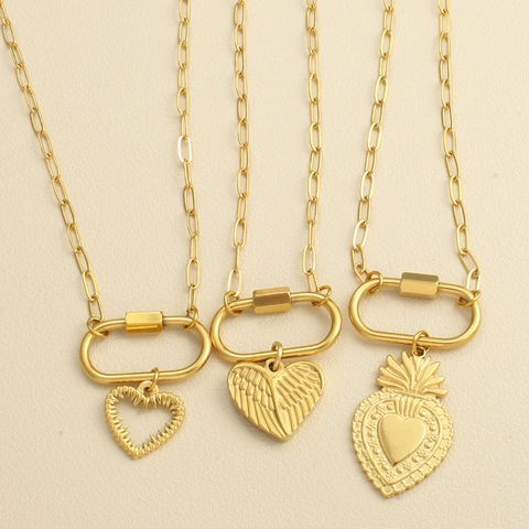 Stainless Steel Heart Pendant Necklace For Women 18K Gold Plated Paperclip Chain Carabiner Lock Fashion Jewelry Gift