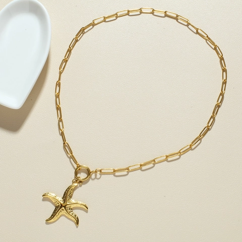 Collana con Ciondolo a Tema Oceano in Acciaio Inossidabile per Donna Catena a Graffetta Placcata Oro Gioielli Stella Marina Conchiglia Tartaruga