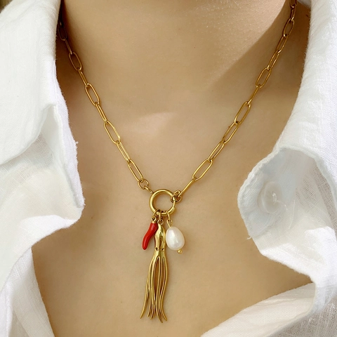 Collana con Ciondolo in Stile Oceanico in Acciaio Inossidabile per Donna Placcata Oro Stella Marina Conchiglia Perla d'Acqua Dolce Ciondolo Peperoncino Gioielli alla Moda