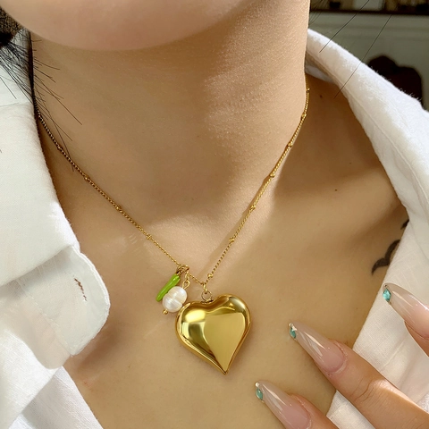 Minimalist Stainless Steel Necklace For Women With Freshwater Pearl Green Chili Heart Angel Wings Pendant Gold Plated Jewelry