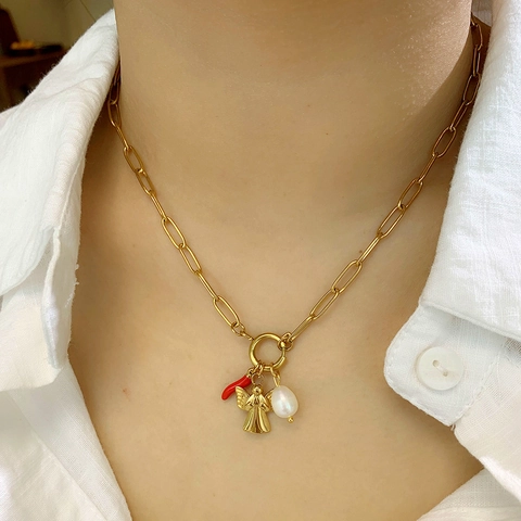 Vintage Stainless Steel Pendant Necklace For Women Heart Angel Rose Chili Charms With Freshwater Pearl Clavicle Chain Jewelry