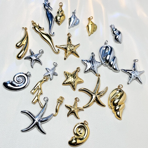 Stainless Steel Ocean Series Seahorse Starfish Conch Snake DIY Pendants Gold Silver Plated Jewelry Making Charms Accessories