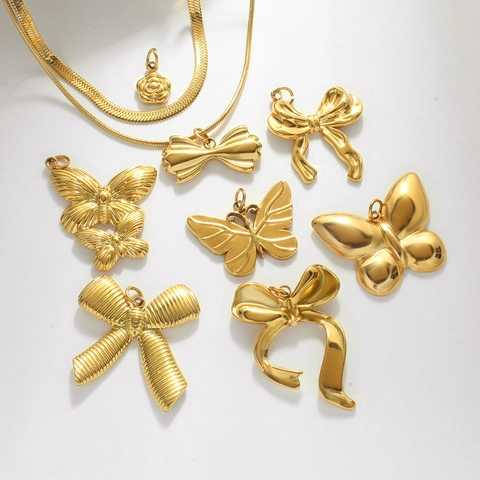 European American Style Stainless Steel Double Layer Necklace For Women Gold Plated Snake Bone Chain Bow Heart Butterfly Pendant Necklace Jewelry