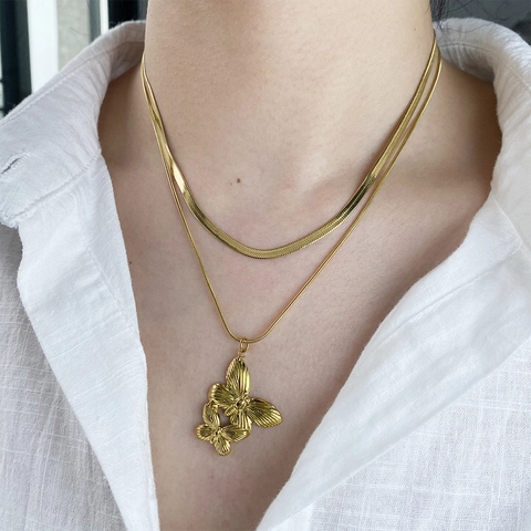 European American Style Stainless Steel Double Layer Necklace For Women Gold Plated Snake Bone Chain Bow Heart Butterfly Pendant Necklace Jewelry