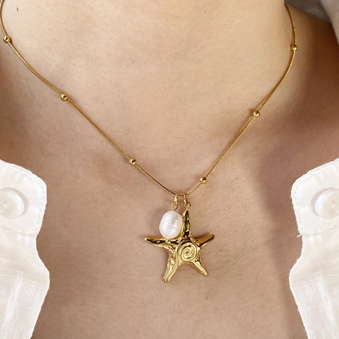 Stainless Steel Freshwater Pearl Necklace Starfish Seahorse Conch Pendant Ocean Beach Holiday Fashion Jewelry For Women Gift