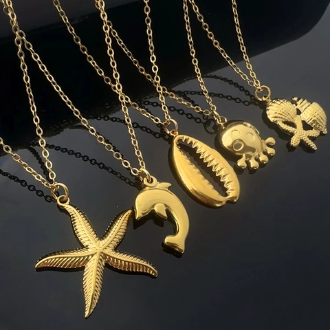 Collana Vintage in Acciaio Inossidabile Serie Oceano Ciondolo Conchiglia Stella Marina Delfino per Donna Gioielli Marini