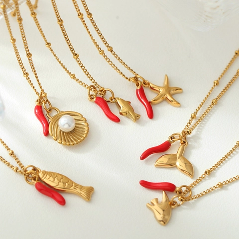 Collana in Acciaio Inossidabile con Conchiglia Marina e Perla Artificiale Ciondolo Peperoncino Gioielli Donna Oro