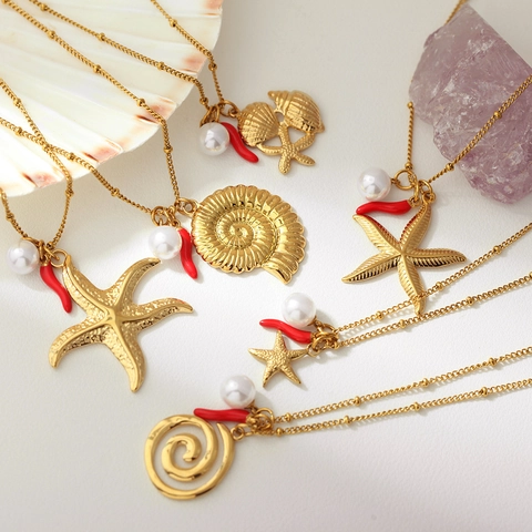 Collana in Acciaio Inossidabile con Conchiglia Marina e Perla Artificiale Ciondolo Peperoncino Gioielli Donna Oro