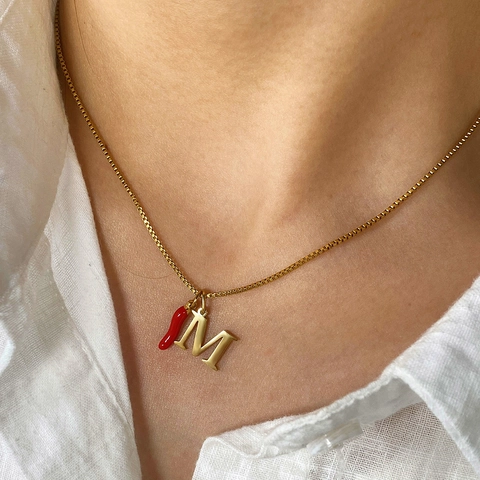 Fashion Stainless Steel Red Enamel Chili Horn Initial Letter Pendant Necklace Gold Plated Box Chain Clavicle Jewelry For Women