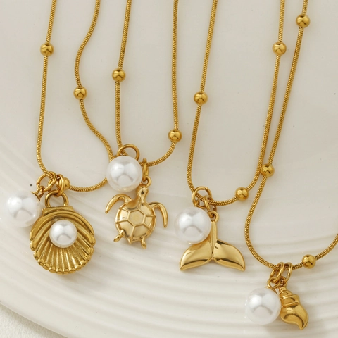 Roestvrij Staal Oceaan Zeester Schelp Zeeslak Kunstparel Hanger Halsketting Goud Verguld Vrouwen Strand Vakantie Sieraden