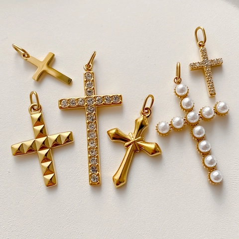 Colgante de Cruz Solo Sin Cadena de Acero Inoxidable Chapado en Oro 18K DIY Joyería Dijes Perla Artificial Strass Cruz